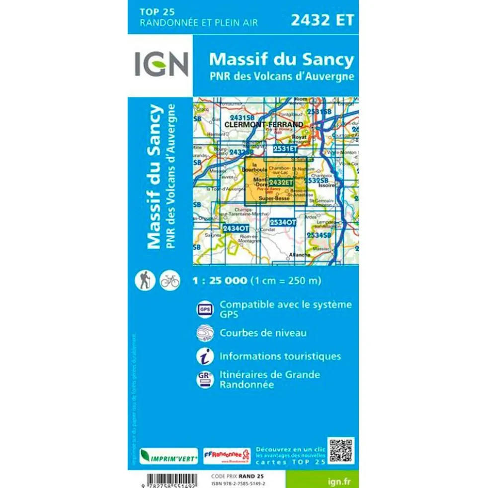 Carte IGN 2432ET Massif du Sancy, PNR des Volcans d'Auvergne