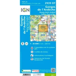 Carte IGN 2939OT Gorges de l'Ardèche, Bourg-Saint-Andéol, Vallon-Pont-d'Arc