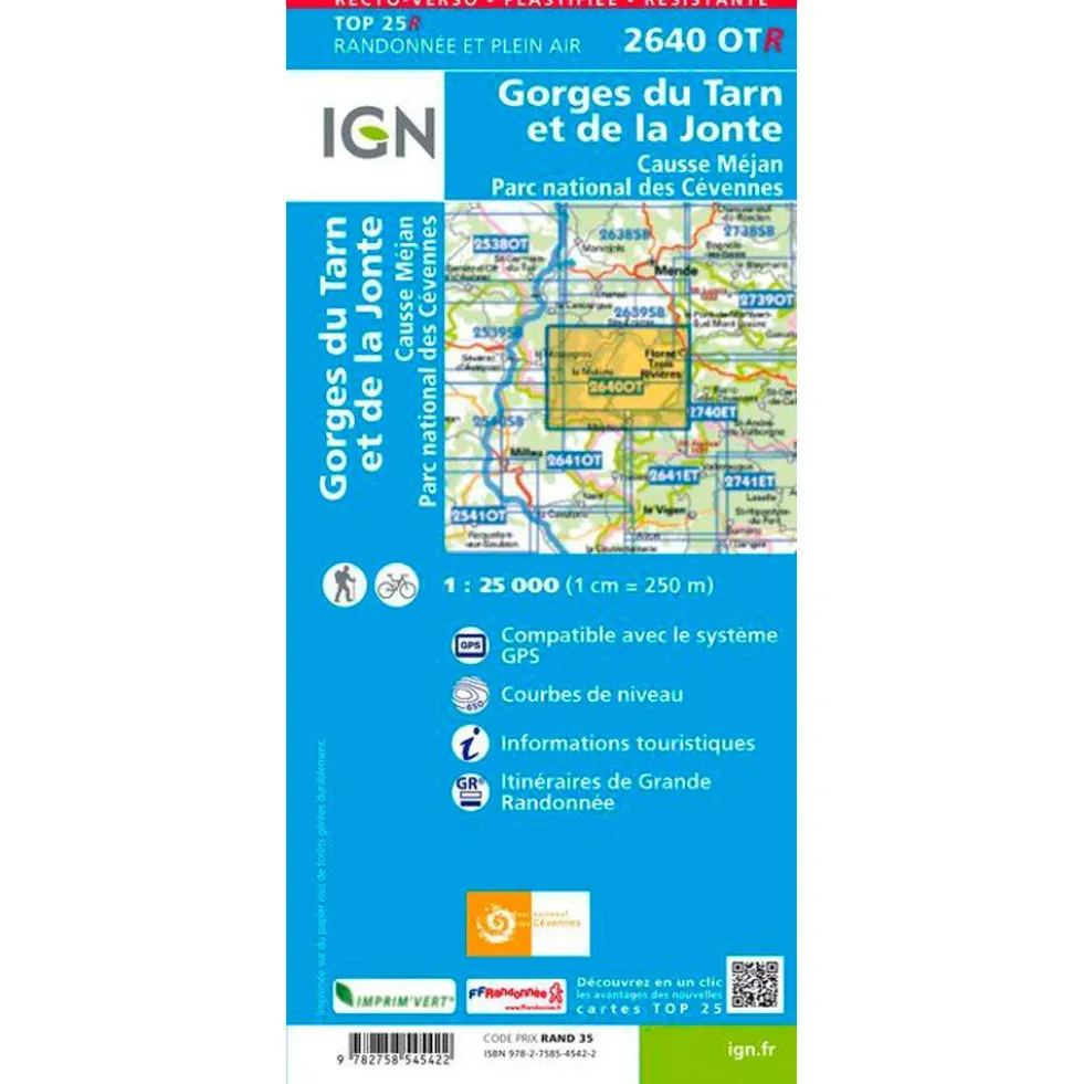 Carte IGN 2640OTR Gorges du Tarn et la Jonte, Causse Méjan, Parc national des Cévennes - Résistante