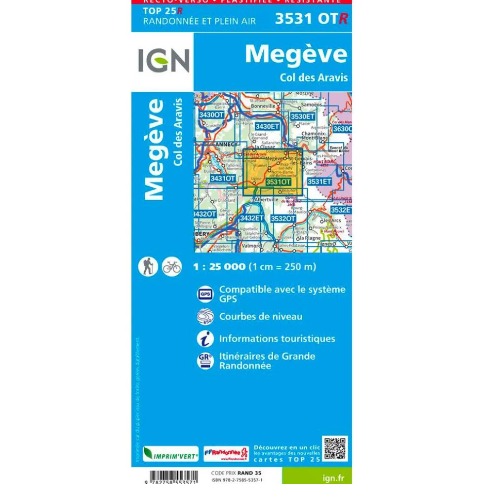 Carte IGN 3531OTR Megève, Col des Aravis - Résistante