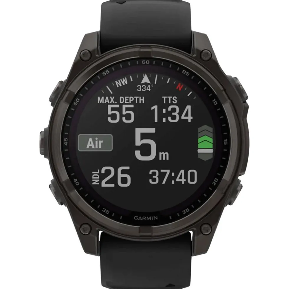 Orologi GPS Garmin Fenix 8 Solar Sapphire Titane Carbon Gray DLC Bracelet Silicone Noir Gris Galet