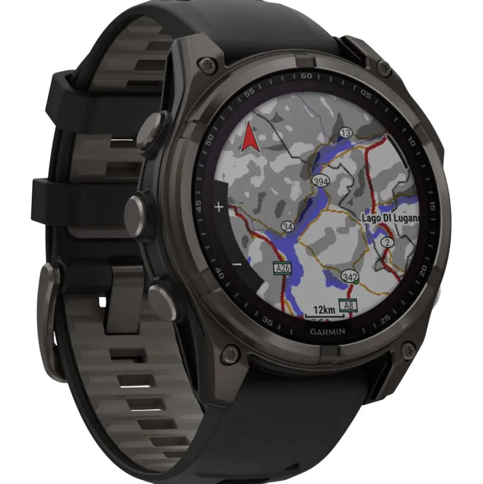 Orologi GPS Garmin Fenix 8 Solar Sapphire Titane Carbon Gray DLC Bracelet Silicone Noir Gris Galet