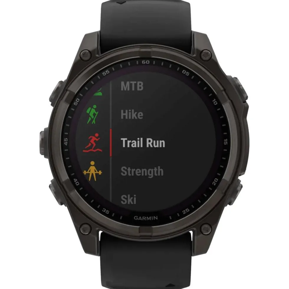 Orologi GPS Garmin Fenix 8 Solar Sapphire Titane Carbon Gray DLC Bracelet Silicone Noir Gris Galet