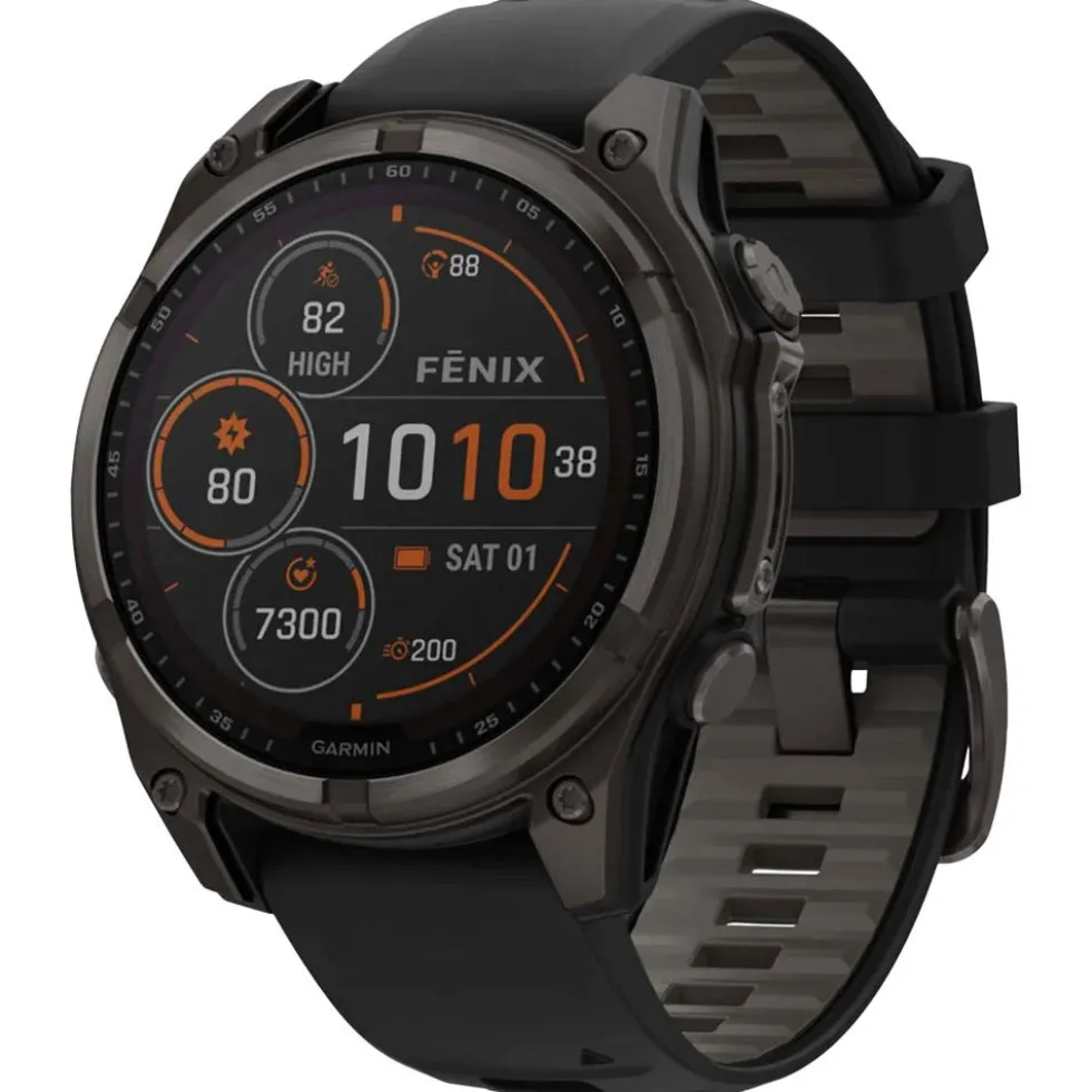 Orologi GPS Garmin Fenix 8 Solar Sapphire Titane Carbon Gray DLC Bracelet Silicone Noir Gris Galet
