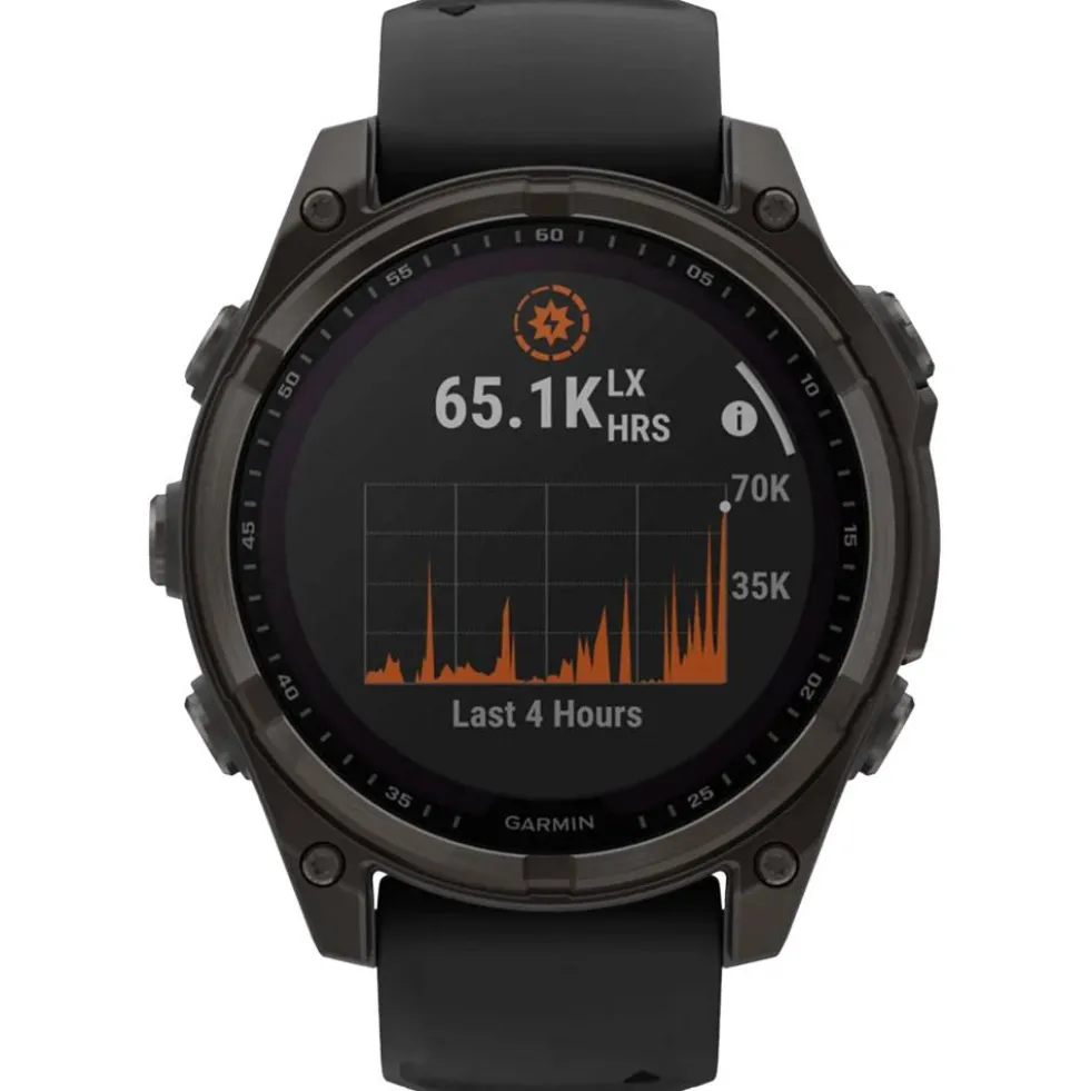 Orologi GPS Garmin Fenix 8 Solar Sapphire Titane Carbon Gray DLC Bracelet Silicone Noir Gris Galet