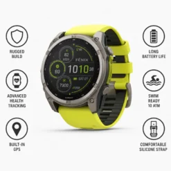 Orologi GPS Garmin Fenix 8 Solar Sapphire Titanium Bracelet Silicone Jaune Graphite