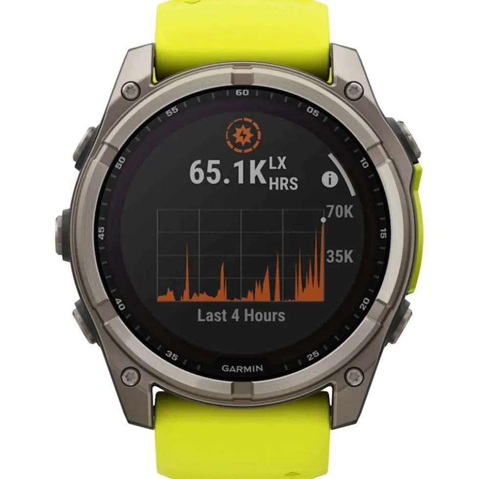 Orologi GPS Garmin Fenix 8 Solar Sapphire Titanium Bracelet Silicone Jaune Graphite